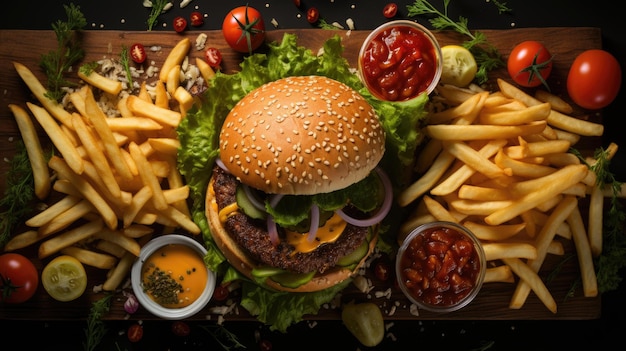 Top view burger and fries