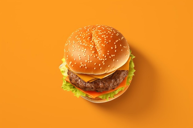 Top view burger on orange background