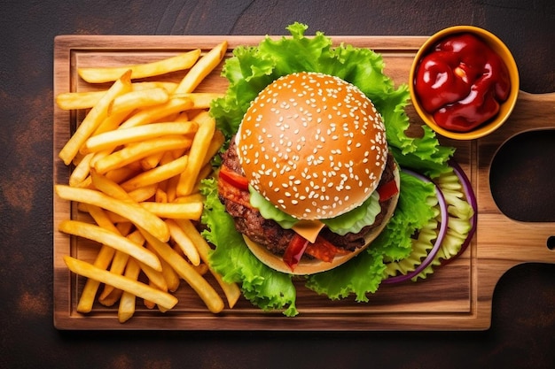 Top view burgers and fries on cutting board with copy