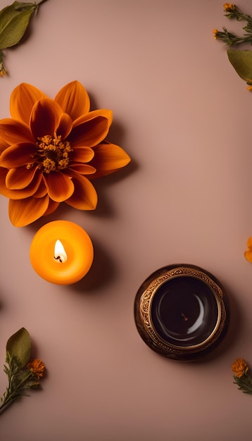 top view of burning candles and autumn flowers on pink background with copy space