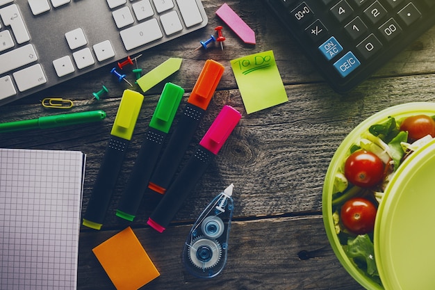 Top View of Business Concept. Office Accessories on wooden table. Above. Office supplies. Study Work Concept. Toning.