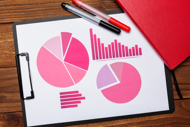 Top view of business paper chart or graph on wooden table