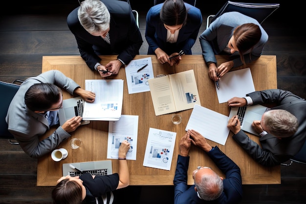 Top view of business people sitting at table and working together in office Business team working together on a table top view No visible faces AI Generated