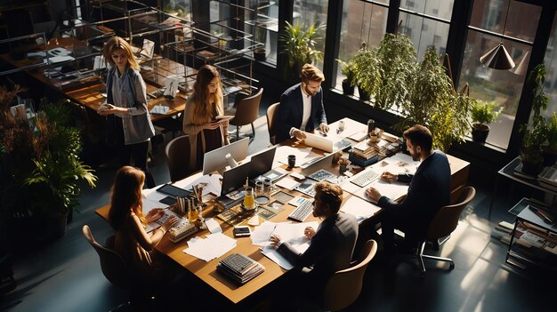 Top view of business people working in office Generative AI