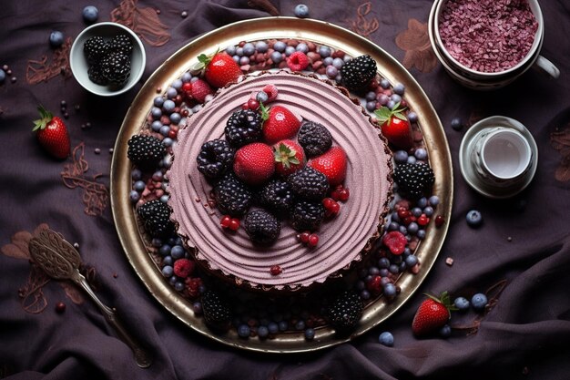 Photo top view cake with pastry cream and chocolate fork and dinner knife berries in bowl