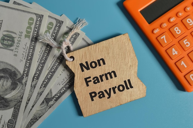 Foto vista dall'alto delle banconote dei soldi del calcolatore e della tavola di legno scritta con il pagamenti non agricoli