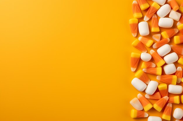 Top view of candy corn blank space frame background