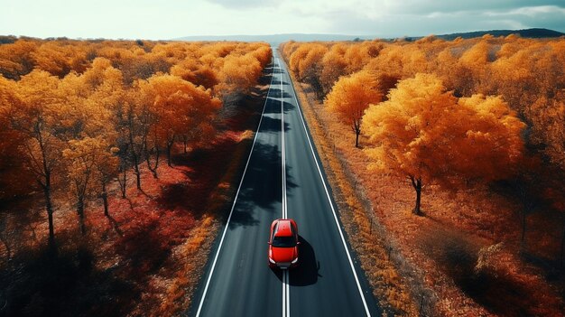 Photo top view car in autumn road 3d rendering