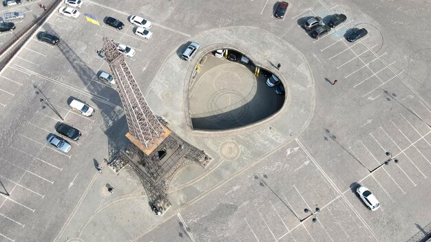 Top view of a car parking space near a french supermarket in the city of Kharkiv