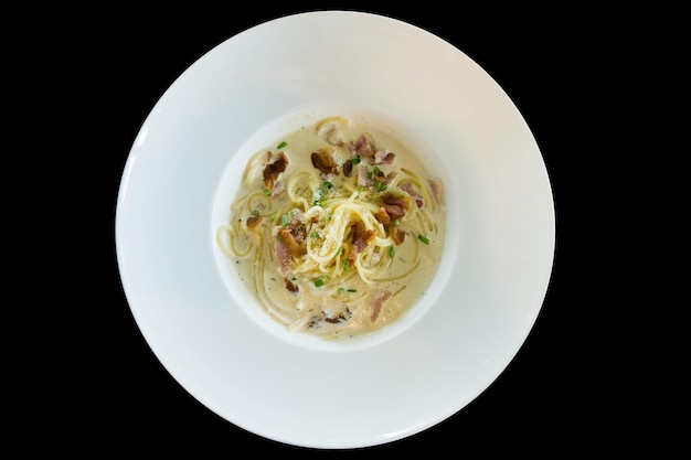 Top view of Carbonara Spaghetti focus selective