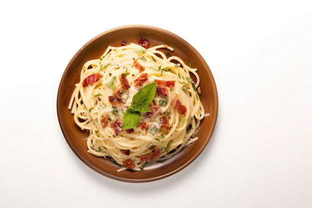 Top View Carbonara On A Wooden Boardon White Background