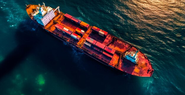 Top view of cargo sea ship with contrail in ocean ship carrying container ai generated image