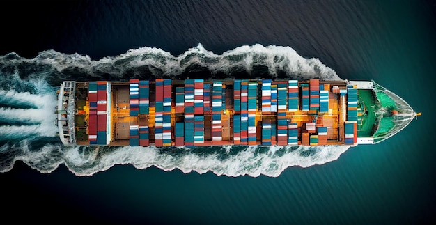 Foto vista dall'alto della nave marittima da carico con scia di condensazione nella nave oceanica che trasporta l'affare del grano del contenitore immagine generata dall'intelligenza artificiale