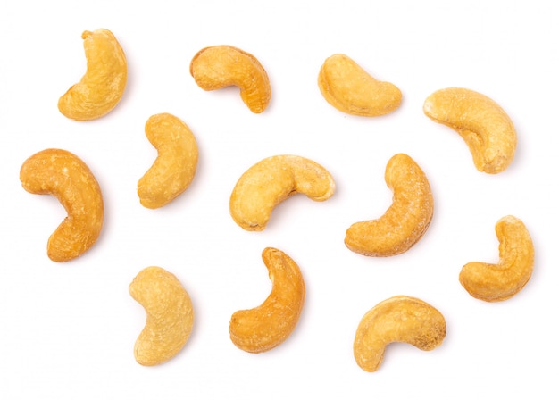 Top view cashew nuts isolated on white background