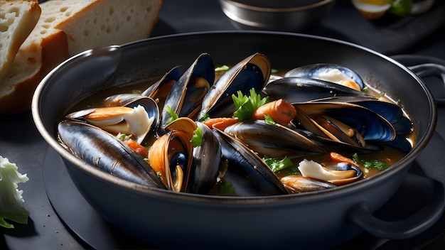 Top view of a casserole of traditional French mussels Generative AI