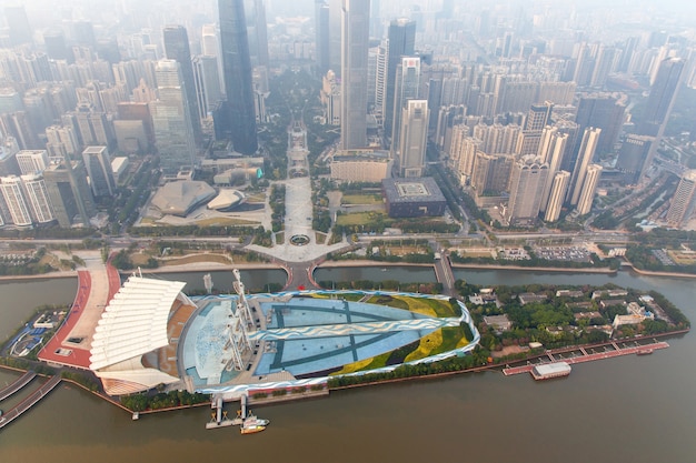 Top view of the central business district of Guangzhou city at dusk