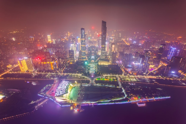 Top view of the central business district of Guangzhou city at dusk