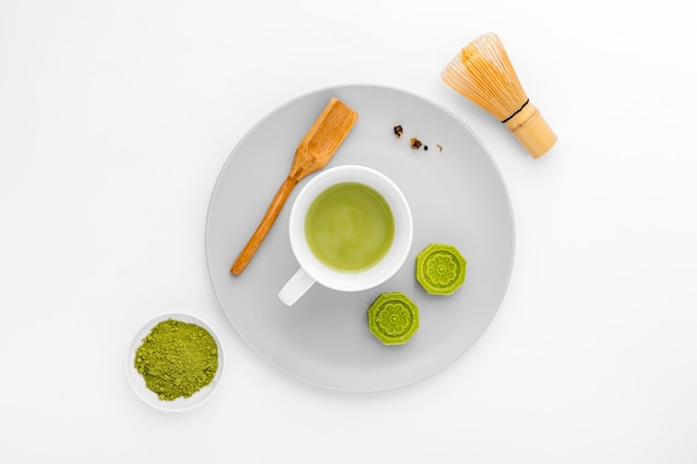 Top view ceramic cup with matcha tea