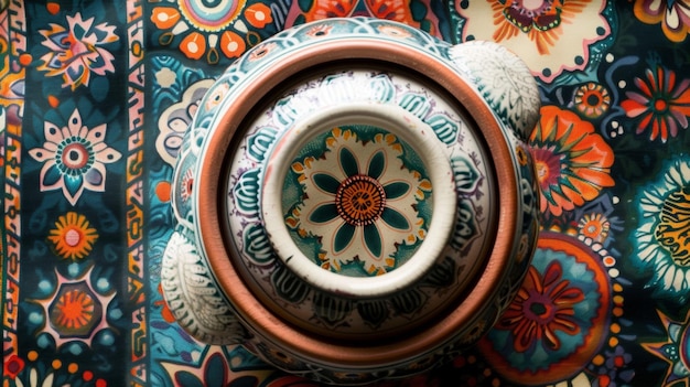 Photo the top view of a ceramic fondue pot with a unique and intricate floral design resting atop a