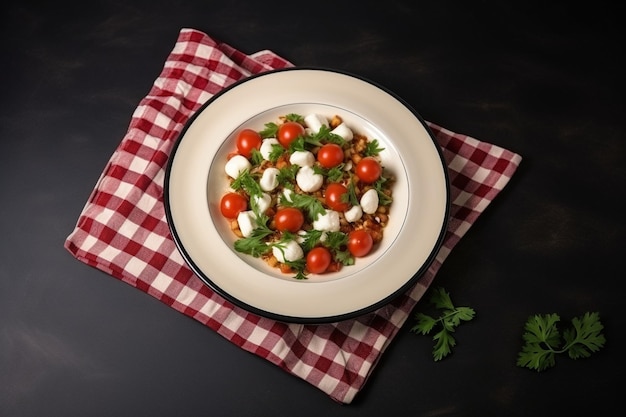 Top view cesar salad on oval plate green white checkered tablecloth garlic tomatoes on dark red