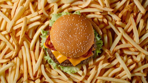 Top view of cheeseburger surrounded by fries