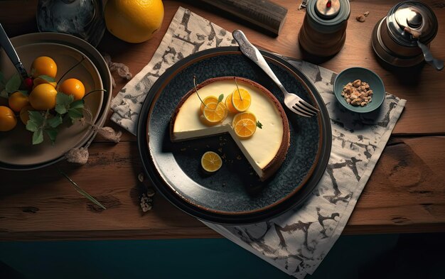 A top view cheesecake on a vintage background sweet dessert bakery food ai generated