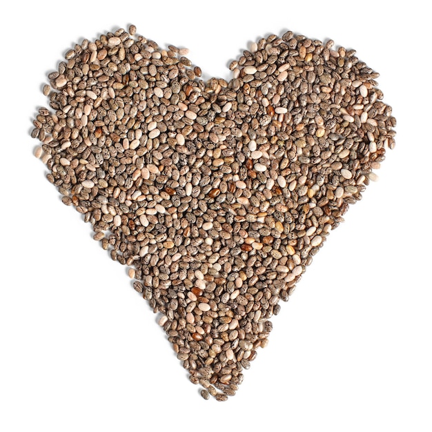 Top view on chia (salvia hispanica) seeds arranged in shape of\
heart, isolated on white background. food for healthy\
cardiovascular system concept.