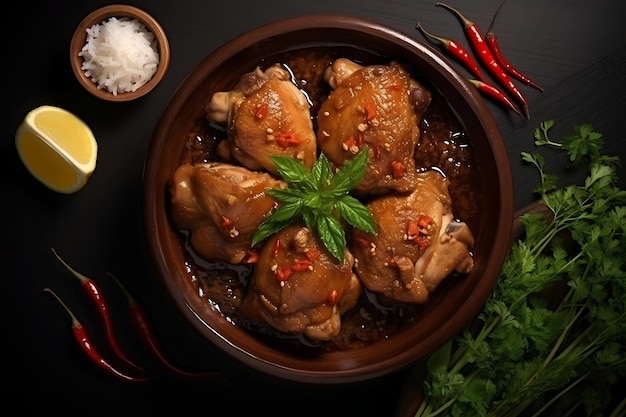 Photo top view chicken adobo filipino on dark table