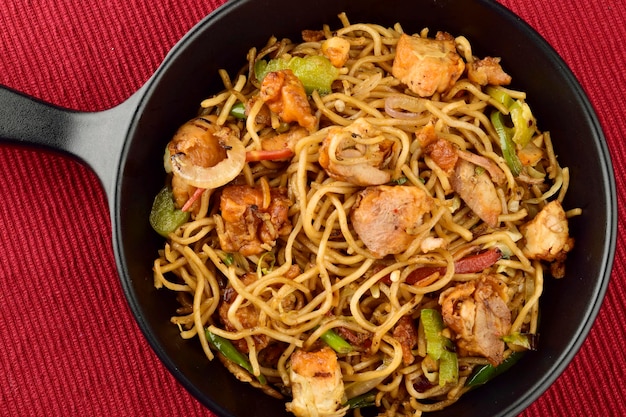 Top view of chicken noodles in pan