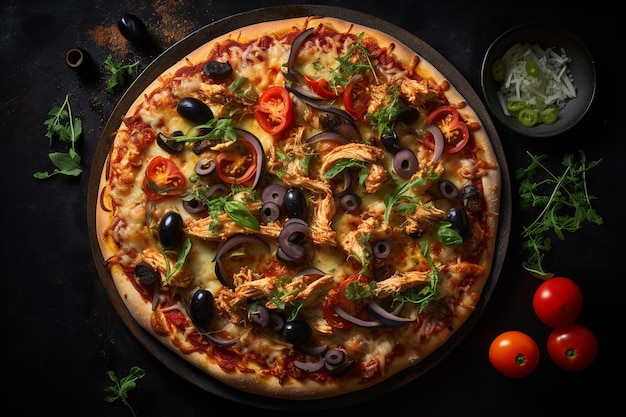 Top view chicken pizza with tomatoes bell peppers and olives on a tray