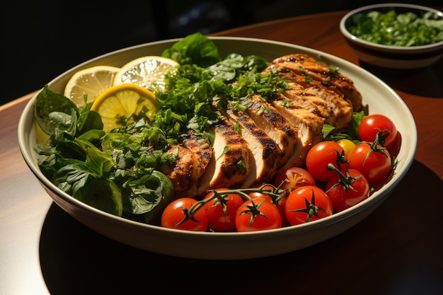 Top view of chicken salad with red tomatoes on light surface ar c