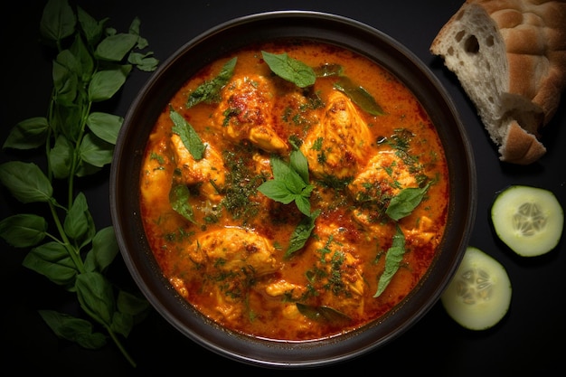 Top view of chicken soup with ingredients