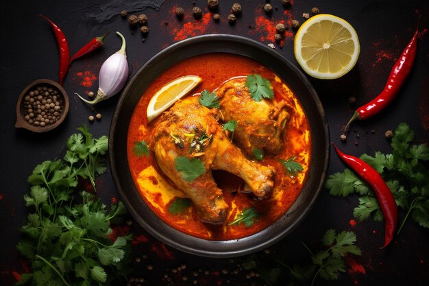 Top view of chicken soup with ingredients