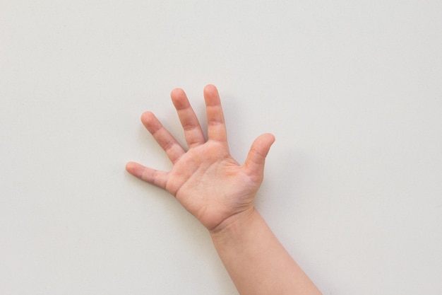 Top view of child hand showing five fingers as number five on the white background