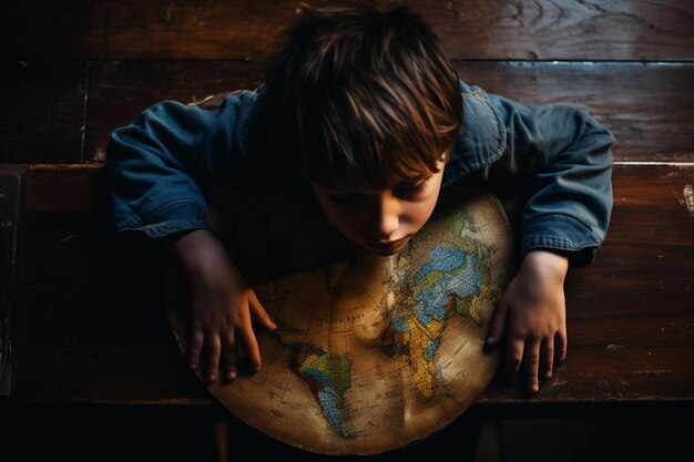 Photo top view of child head down on desk