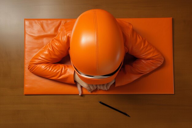 Photo top view of child head down on desk