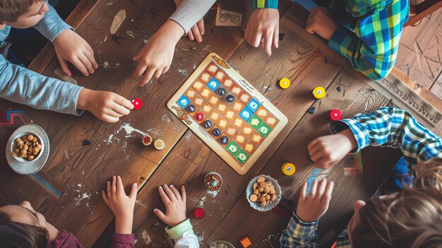 Foto vista dall'alto di bambini che giocano insieme a un gioco da tavolo su un tavolo di legno