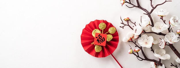 Top view of Chinese lunar new year background copy space design concept with white plum flower and festive decoration, the word inside picture means blessing.