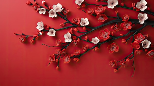 Photo top view of chinese new year background with flower oranament and red background