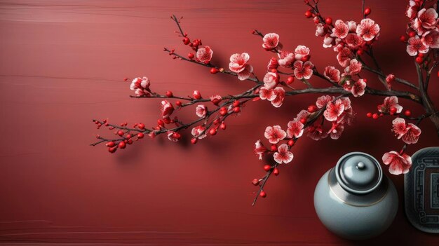 top view of chinese new year background with flower oranament and red background