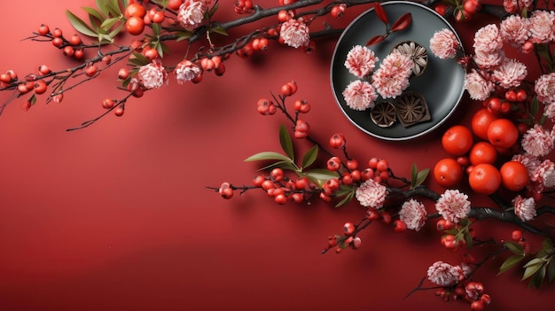花のオランメントと赤い背景の中国新年背景のトップビュー