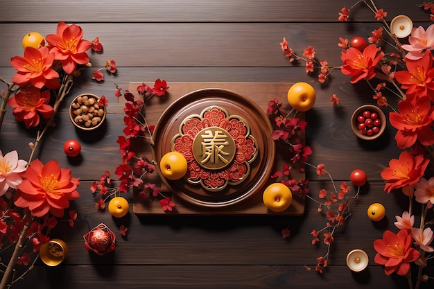 Top view of chinese new year concept on wooden table