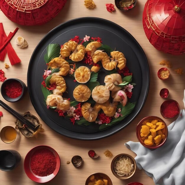 Top view of chinese new year concept on wooden table