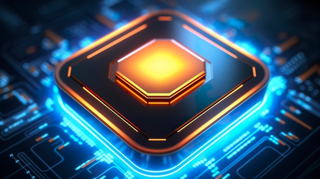 Top View of a Chip with Glowing Light and Fog in Orange and Blue AI Generative