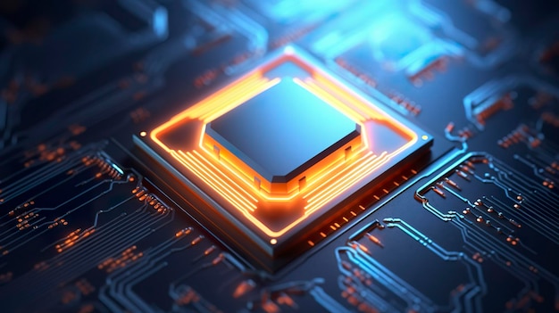 Вид сверху на чип со светящимся светом и туманом в оранжевом и синем генеративном AI