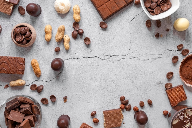 Top view chocolate assortment on light background with copy space