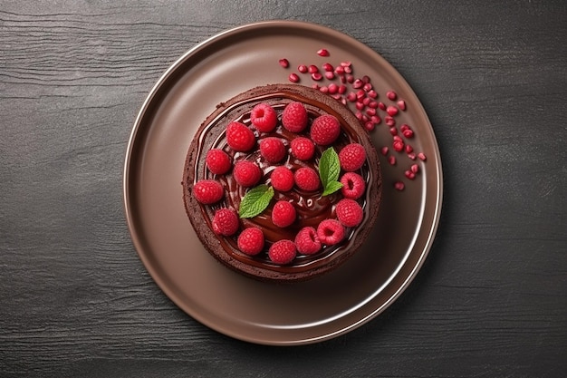 Top view chocolate cake rounded with cornel and raspberry in the center in the grey plate