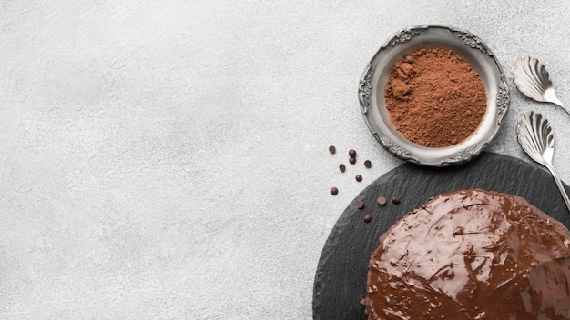 Top view of chocolate cake with cocoa powder and copy space