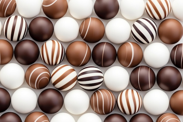 Top view of chocolate candy balls with chocolate bars on a white surface