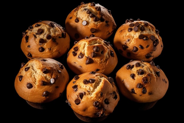 Top view of chocolate chip muffins on a white background separated